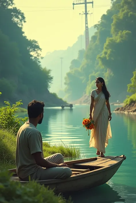 1. Seconds 0-2: A serene river view with Sanju on a small boat, gazing at the horizon.


2. Seconds 3-4: Malini carrying flowers, walking along the riverbank, exchanging a soft smile with Sanju.


3. Seconds 5-6: A dramatic scene of construction machinery ...