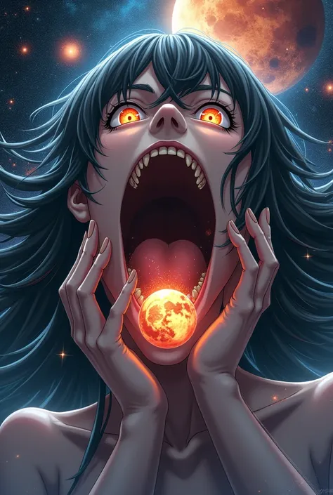 綺麗なanime、 Japanese、 woman bigger than a planet、Giantess、Horror、 long hair、Beauty、beautiful、 a woman who became a black hole、Close-up view of the mouth 、 orange eyes 、 characters with open mouth 、teethが見える、teethが奥まで見える、I can see a dick in my throat、Woman wh...