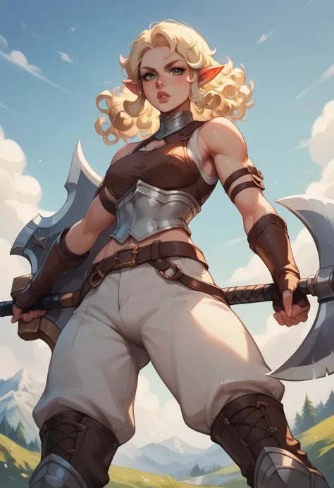  Create an image with the perspective from below . A warrior woman,  with pointy ears .  with a very strong and athletic physique .  white skin .  painted lips. short curly hair carmine .  wearing sleeveless leather armor and white pants, with long boots. ...