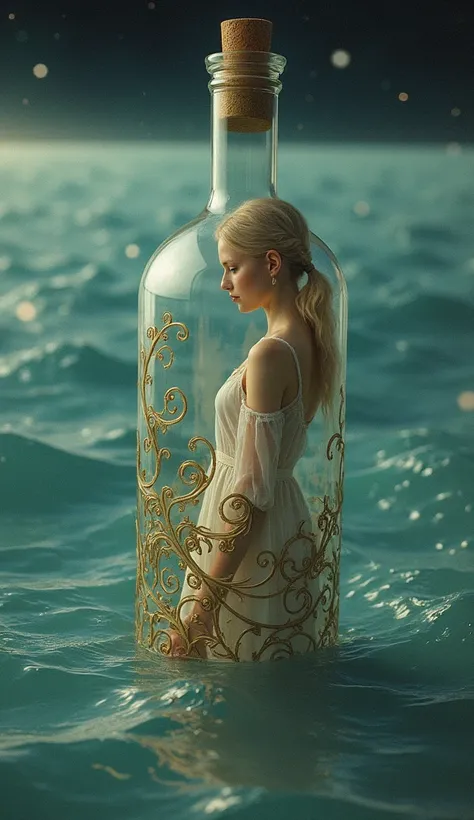 An imaginative image, with 8K high-resolution detail, of an Sweedish woman dressed in a sheer, torn dress, and she is inside an ornately etched dappled glass bottle shaken by the waves of time represented by the waves of a distant ocean. A woman is trapped...