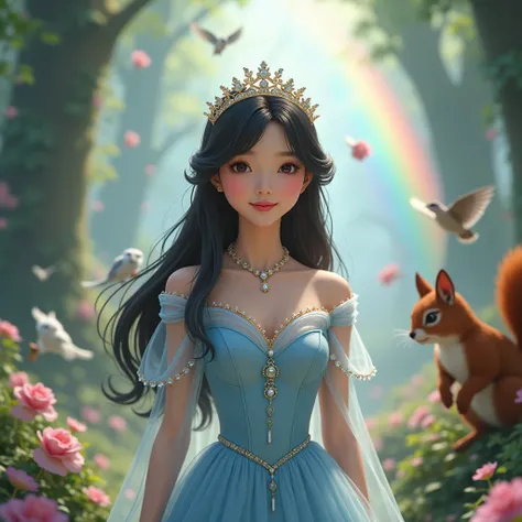 Realistic actress sleeping beauty Aurora as beautiful asian long bangs hair little smile in see through pale blue jewelry princess costume with crown standing with a lot of lovely animals such as owl squirrel little birds etc. Background blur  marvelous de...