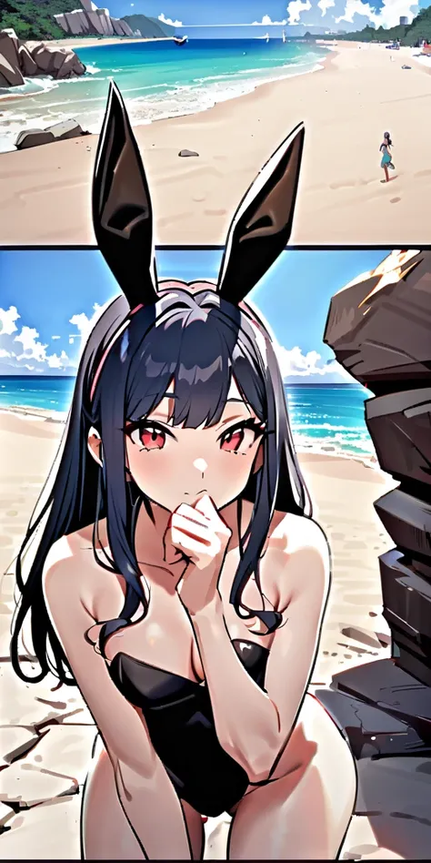 ((  best quality 、、  Masterpiece :1.3)),  upper body、 long legs 、 sharp concentration:1.2,  beautiful woman with perfect figure:1.4、(smile:1.2),  double eyelids、30-year-old woman、 sexy pose 、(((( closes her mouth、 one woman、 Bunny Girl , beach 、tropical、Sa...