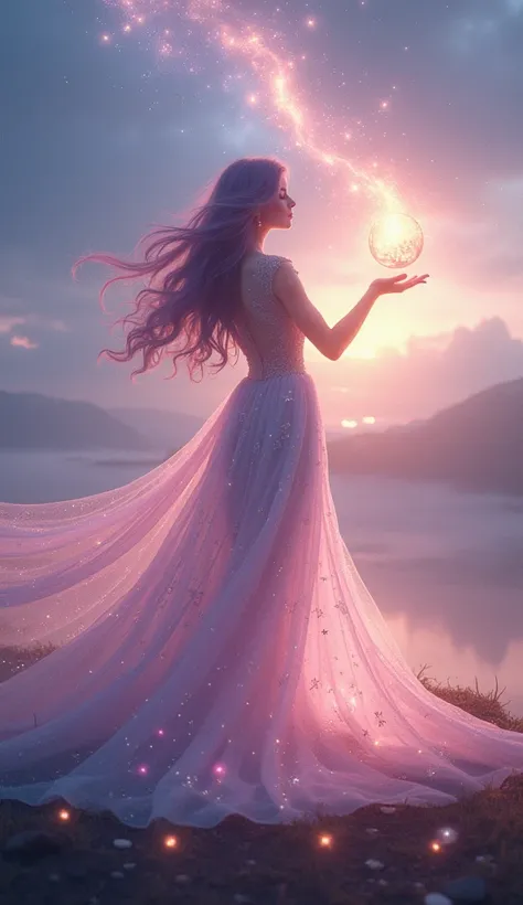 "Stellalunas Celestial Awakening:
On a hidden, moonlit promontory of a windswept, Scottish isle, a mesmerizing, amethyst-haired model embodies the essence of a celestial awakening. As the first light of dawn breaks over the horizon, she stands at the edge ...