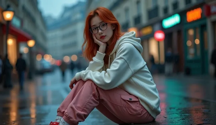 beautiful Chinese girl ,red hair, glasses, wearing pink Chargo trousers, white hoodie, red sneakers, sitting on the side of the street in Paris, hand on her chin, empty eyes, dim and filled with hope. Atmosphere of night and drizzle