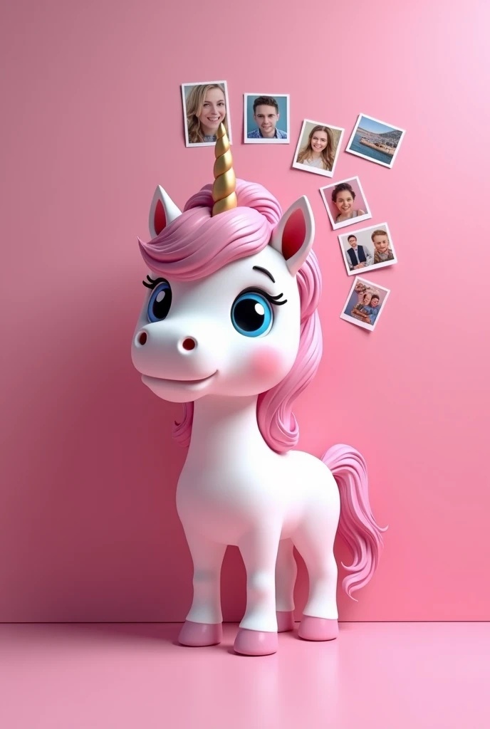 A unicorn cartoon in 3D very close to a pink wall  ,  on the wall a collage of photos in the shape of a unicorns mane 
