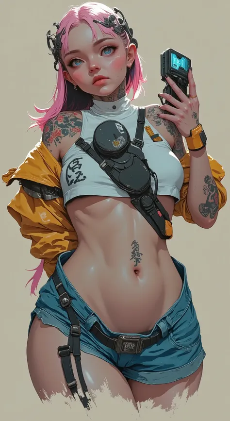 foreground,  anatomically correct x  , A voluptuous ,  wide hips,  Big breasts , , without showing private parts  ,  Young woman with long pink hair , tattooed body,  Wears a miniskirt and a white top ..,  Subtle view of her butt in a full body shot..,  de...