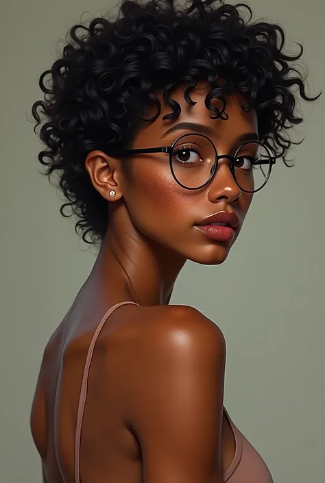 an 18-year-old girl,  brown skin with several dots across your body,  she wears round glasses ,  YOUR HAIR IS SHORT, curly and voluminous,  Her bust is medium , your waist is thin and your butt is large 