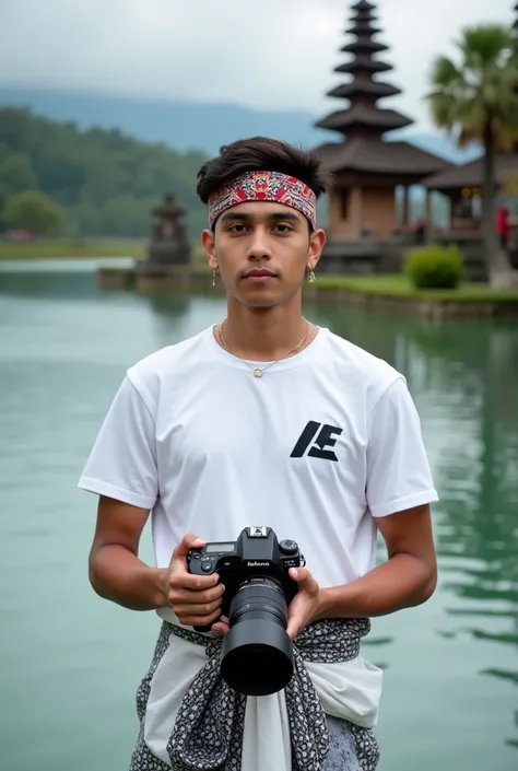 A 20-year Indonesian man, wearing a plain white T-shirt with the AE logo, wearing a white Balinese headband with a batik motif, wearing a white batik jarik with a black combination while carrying a DSLR camera. Standing posing facing the camera. A little f...