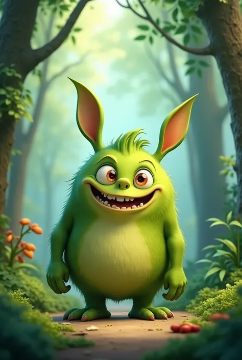 un monstre avec 2 antennes sur la tête en guise de 2 oreilles, full body, style cartoon, couleur vert forêt