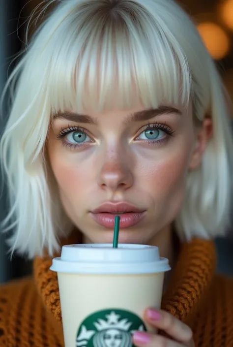 A full half-length shot of a very young woman. Her short platinum white hair with straight bangs. Eyes apart. Almond eyes. Vibrant blue eyes, glowing faintly. Extremely large, and glossy lips.  He holds a Starbucks coffee in his hand. Ultra-high detail (8K...