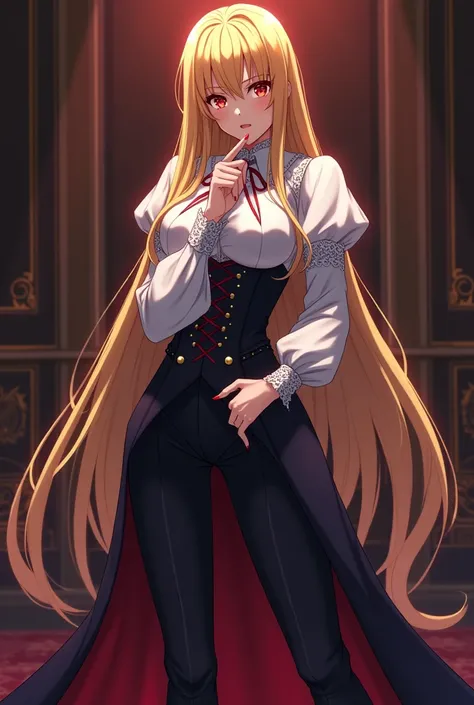 Sexy full body anime vampire lady. 
For her design, maybe have her in an old noblemans puffy shirt and pants with long golden hair black boot putting her finger on the blank male characters chin