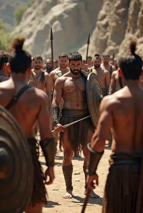  Spartan boys are tested with spears and shields, older men watch with approval .