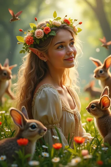 A fabulous meadow on it is a beautiful girl with a wreath on her head surrounded by many little elves and different animals 