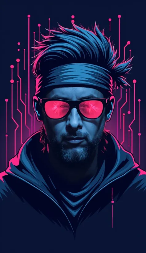 digital logo type image, it is the face of a man with a very very short beard, with dark Steampunk style glasses, and a bandana covering his hair. The composition of the image should be in cobalt blue and violet colors, the figure of the man is surrounded ...