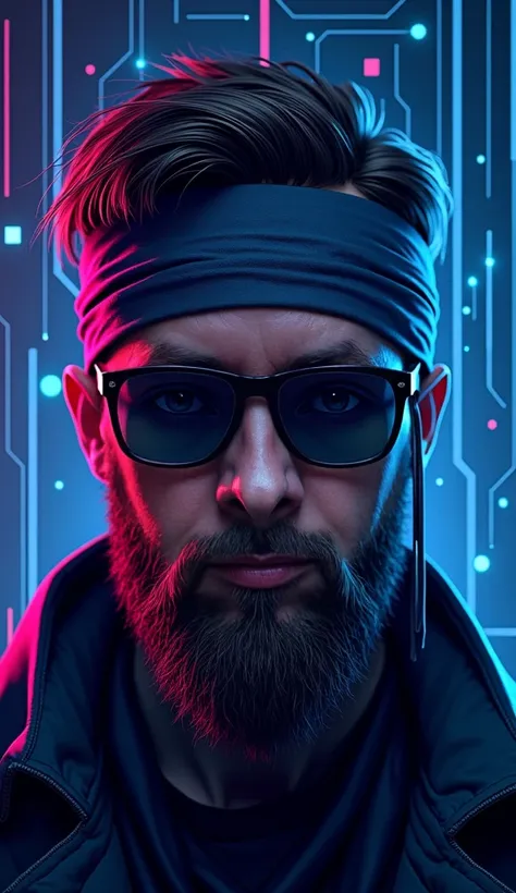 digital logo type image, it is the face of a man with a very very short beard, with dark Steampunk style glasses, and a bandana covering his hair. The composition of the image should be in cobalt blue and violet colors, the figure of the man is surrounded ...