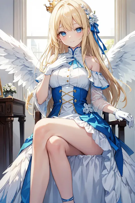 A modern style bedroom， A charming blonde angel sitting on a bedroom chair watching， Her long hair is adorned with delicate hair accessories ，She has bright blue eyes and a bright smile 。 She is wearing a blue and white off-the-shoulder pleated dress ，Matc...