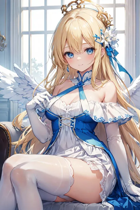 A modern style bedroom， A charming blonde angel sitting on a bedroom chair watching， Her long hair is adorned with delicate hair accessories ，She has bright blue eyes and a bright smile 。 She is wearing a blue and white off-the-shoulder pleated dress ，Matc...