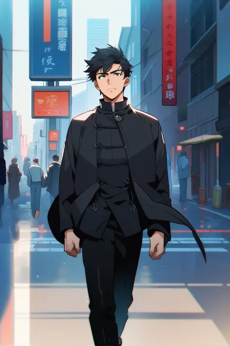  A male character,  anime style ,  long black hair ,  black eyes , An open black overcoat flying in the wind, with serious facial expression, walking down a city street 