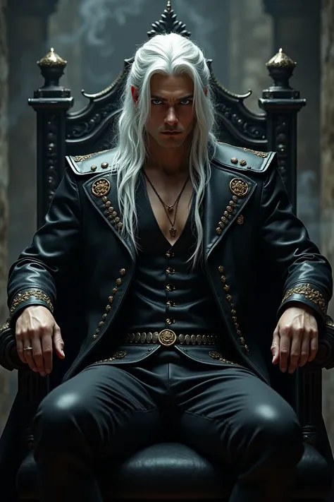  Create a beautiful prince from hell ,  sitting in an elegant black armchair ,  long white hair held in half a braid , ojos azules claros, furrowed eyebrows, marked jaw .  Wear a black combat outfit , V-neck ,  leather shoulder pads and gold details , A da...