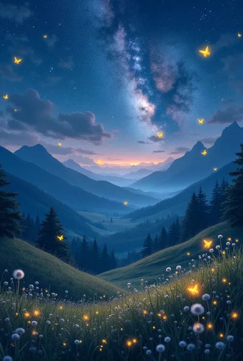 Night sky, sky full of stars, milky way, shiny stars, mountains, dandelions, glow butterflies, dreamy, fireflies, intricate details 