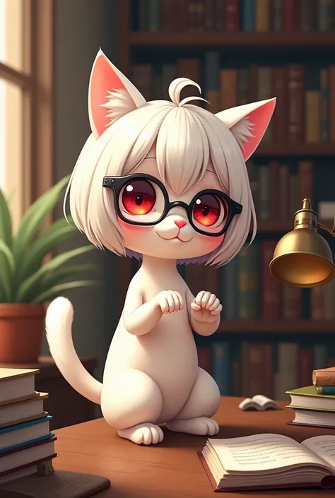 A nerdy cat girl with glasses, red eyes and white short hair