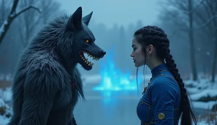 Facing the devil, shaped like a werewolf, with many eyes, wide mouth, sharp teeth, fierce
((Korean female warrior),  huge breasts, I have braided hair., blue long armour), winter, ( Beautiful Glowing Lake , Luminous water, Surreal Reflections ), Pitch dark...