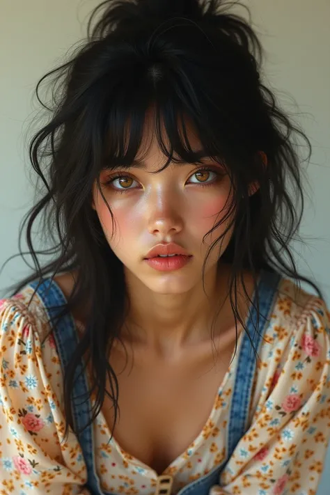 Create a realistic girl with rowdy black hair and honey-colored eyes with clothes from 1970