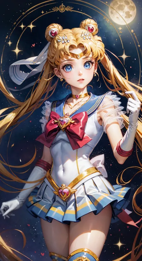 Masterpiece, best quality, (1 girl), super sailor moon, cowboy lens, night sky, moonlight, night, white gloves, blue eyes, galaxy background, multicolored clothes, school uniform, blue skirt, hair ornament, red bow, brooch, heart brooch, earrings, crescent...