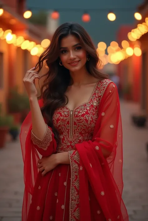 woman standing outdoors in an evening setting, exuding confidence and elegance with a hint of playful teasing. She wears a vibrant red, intricately embroidered ethnic dress, fitted perfectly to accentuate her figure. A matching dupatta drapes around her sh...