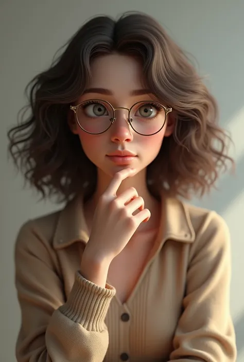 Female character with curly brown hair who wears glasses 