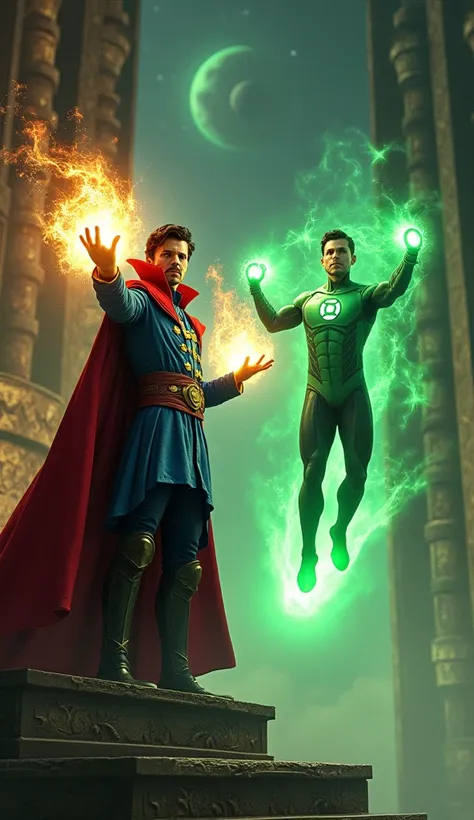 Doctor Strange stands in the Sanctum Sanctorum, his hands glowing with mystic energy, surrounded by ancient tomes and arcane symbols. Green Lantern soars through space, his power ring glowing brightly as constructs of light take shape around him