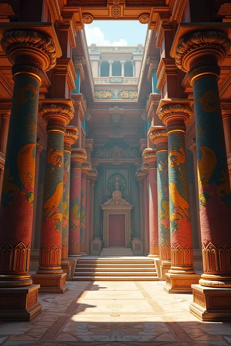 Create for me an Aztec hall with its culture, its colors, its materials, that the striking columns. 