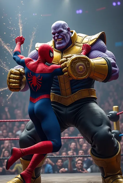 Spider-Man and Thanos fighting in the ring of WWE 