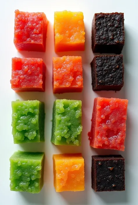 Image of a mixed small pieces of Kozhikoden Halwa in different color, add few mole color like red green and black. shape shold be in square and with white background