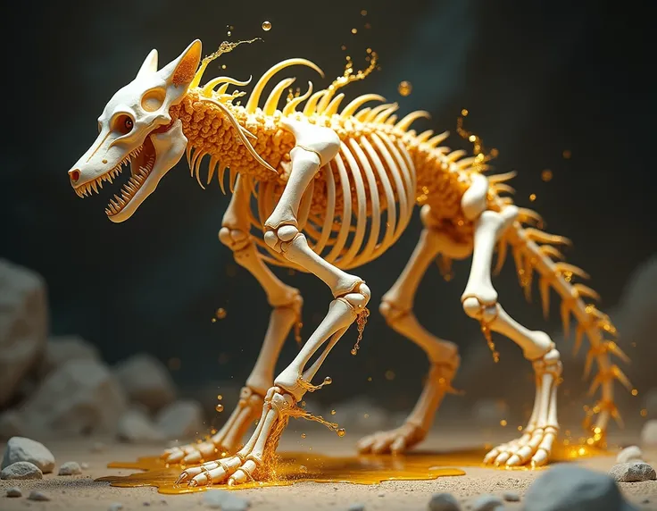 a wolf made of bones ,  the bones have golden details and a golden liquid falling 