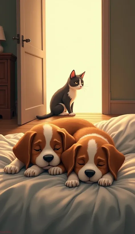 A boy dog and a girl dog are lying on the bed.  Suddenly the door opens and the girl cat comes and the cat is very sad, realistic 