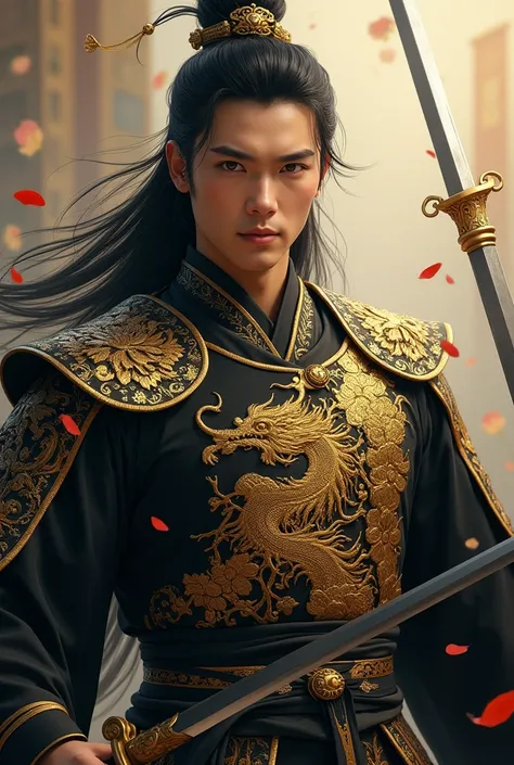 ((best quality)), ((masterpiece)), (detailed), perfect face Photo realistic image of a 25 years old young man black and gold hanfu. Wearing a golden Dragon armour, Proud, regal personality, Attractive, Romantic. long black hair. Looks like general Pei Ming...