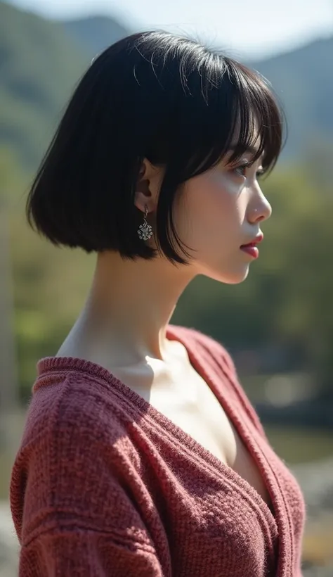  Japanese woman with a viewing angle of　Age 25　 short hair　 black hair　ElegantBeauty 　 standing alone at Kiyomizu-dera in the noon. F cup bust 　 big chest　 knit showing cleavage　Earrings　Elegant　Beauty　Beauty　Elegant　 perfect body　masterpiece,  anatomicall...