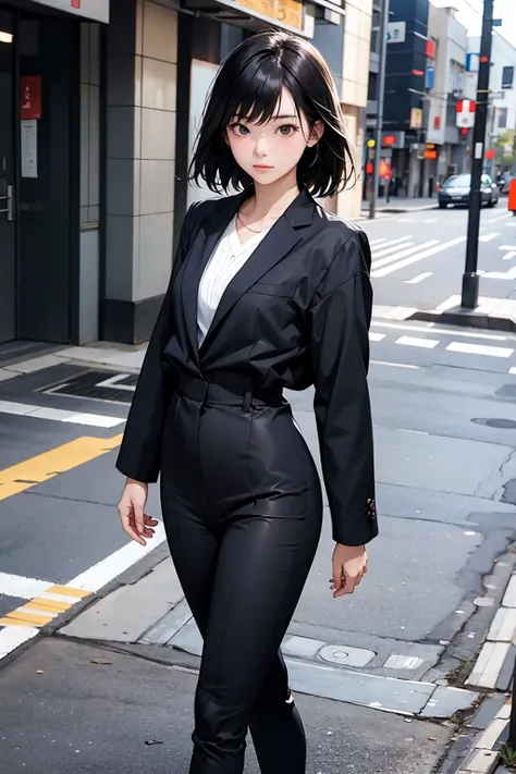 Japanese female student wearing a tight black mini recruitment suit, Walking through the business district