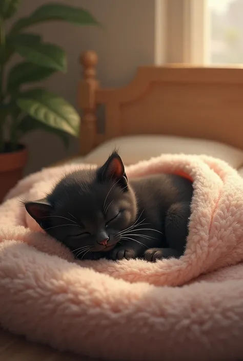 in the center, There is a black kitten ,  lying on a small bed,  asleep and covered with her small and tender blanket 