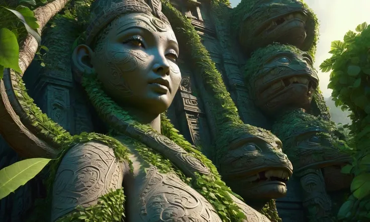 A stylized ancient jungle city overgrown with vines,detailed intricate serpent people carvings,large breasts sometimes visible,inspired by Mayan architecture,cinematic lighting,dramatic shadows,photorealistic,highly detailed,masterpiece,8k,vivid colors,moo...