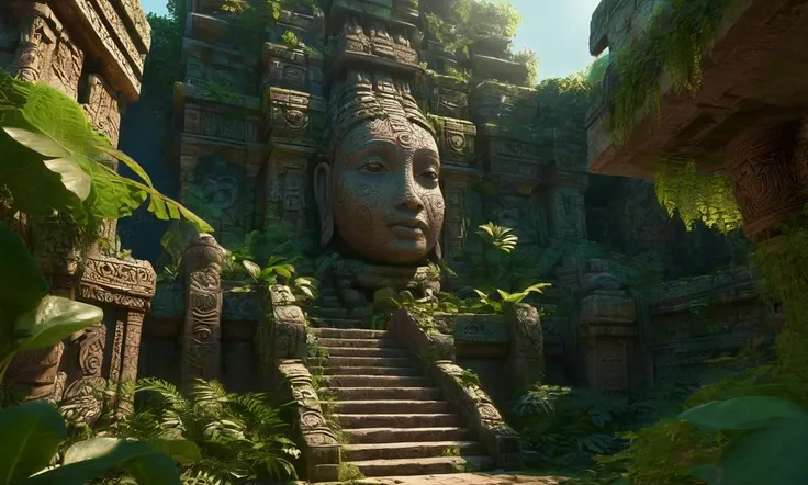 A stylized ancient jungle city overgrown with vines,detailed intricate serpent people carvings,large breasts sometimes visible,inspired by Mayan architecture,cinematic lighting,dramatic shadows,photorealistic,highly detailed,masterpiece,8k,vivid colors,moo...