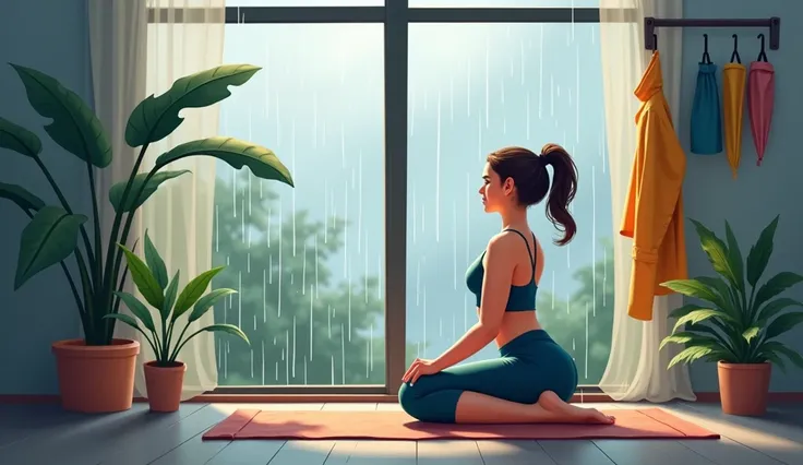 An illustration showing how to maintain physical health during the rainy season. In the foreground, a person is dressed warmly in comfortable activewear, doing indoor exercises such as yoga or stretching while looking out at the rain through a window. The ...