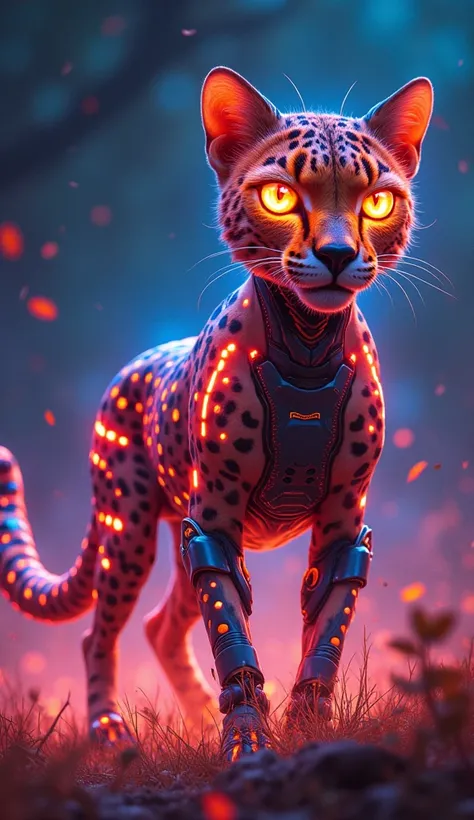 "A cheetah with mechanical limbs and neon stripes, A hybride fusion combined with growling at a cybernetic opponent in a glowing futuristic savanna, vibrant colors, Eat others angry ekpresion Fusion  a hybride New speciies caracter 9:16."