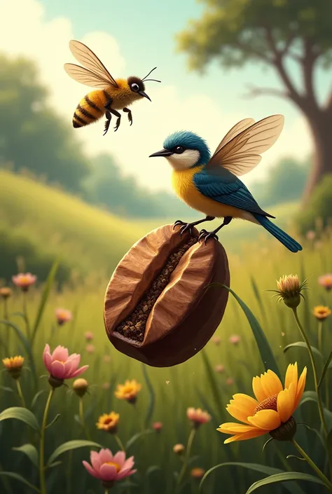  For a tattoo I want a natural background where the protagonists are a coffee bean, a bird and a bee 