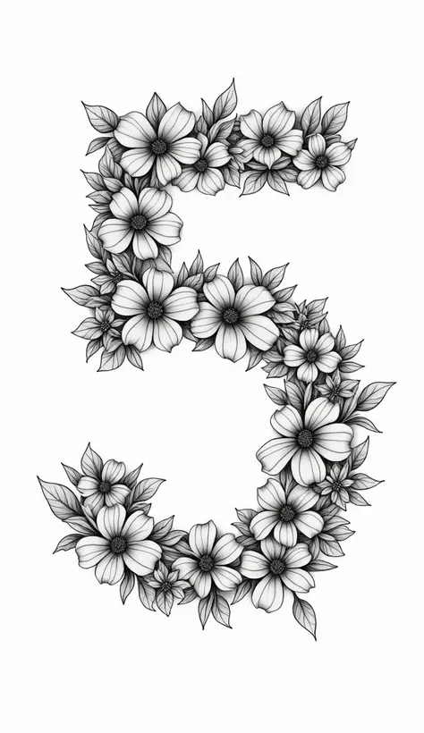 "Generate a large number 5 with small outlines of flowers inside, illustrated in black-and-white line art."