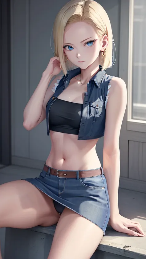 de primera calidad,  High resolution, 18 with, 1 girl in, Android 18, Alone, blonde hair, e Blue Eyes,  detailed short hair , Ear nipple ring, joya, denim vest, [ open jacket,Sitting on a high chest、 Erect knees and open legs 、Condescend with you 、 You can...