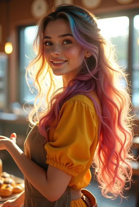 本当に野生の髪を持つ一人のbeautiful女の子, ( colorful wavy hair :1.2),(  2 long braids :1.2), ( long wild hair :1.2), ( Multicolored Hair : 1.9),可愛いsmile
パン屋販売スタッフ、((( low angle:1.4)))、(( Im raising one hand ))、(( wears a colorful pop blouse and apron)),(; have big buns )...