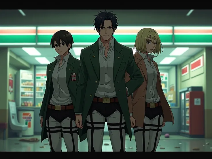 aot levi, captain erwin, hange guarding the 7/11 store