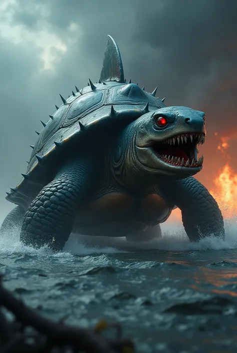 "A monstrous hybrid creature combining the features of a tortoise and a shark. The entity has the sturdy, spiked shell of a tortoise fused with the sleek, muscular body and sharp dorsal fin of a shark. Its head is a blend of both, with a sharp, menacing be...